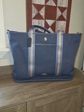 Coach Navy Canvas Weekender Tote with Tan Stripes